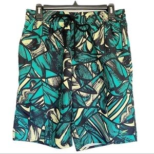 Speedo Swim Trunks Pull On Elastic Waistband Leaf Shorts 9” Green Size Medium